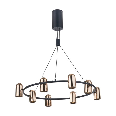 Xena Black & Rose Gold Iron 8 Light LED Pendant, 79cm wide circular ring fixture with rose gold capsule shades on black frame, suspended from a black ceiling canopy against a white background.