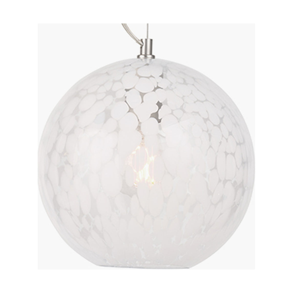 Aurora Speckled White Glass Pendant Light, 25cm round globe shade with mottled white pattern, brushed metal ceiling fitting, visible bulb, on a plain white background.