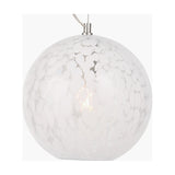 Aurora Speckled White Glass Pendant Light, 25cm round globe shade with mottled white pattern, brushed metal ceiling fitting, visible bulb, on a plain white background.