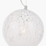 Aurora Speckled White Glass Pendant Light, 25cm globe shade with mottled white pattern and brushed metal fitting, lit bulb visible, on a plain white background.