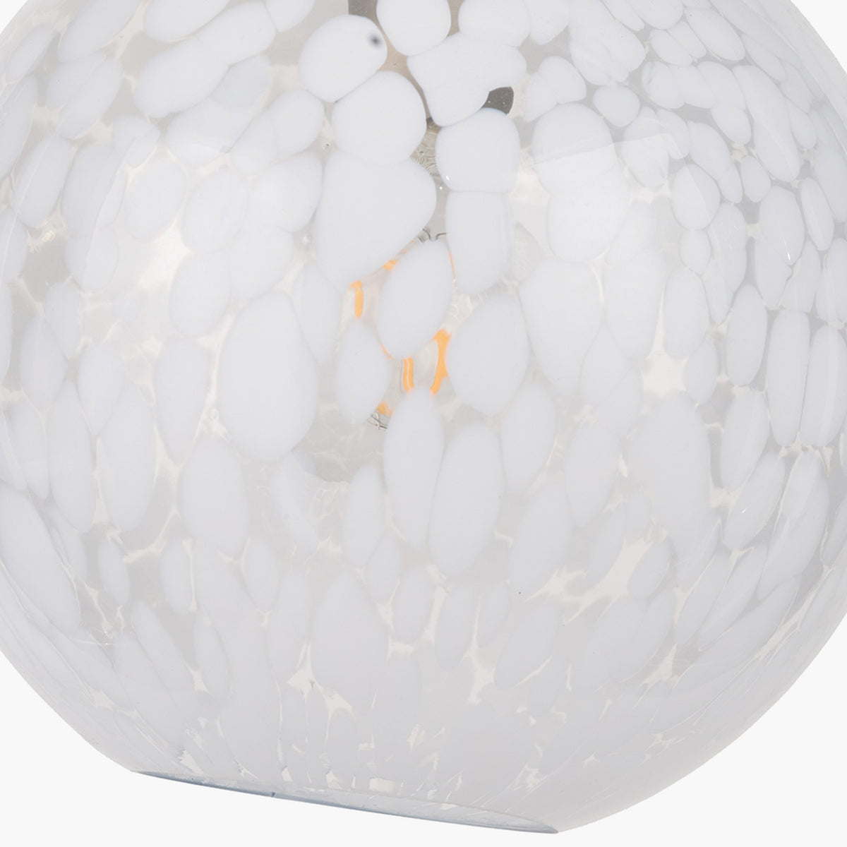 Close-up of the Aurora Speckled White Glass Pendant Light, 25cm, showing mottled white glass texture with a visible bulb inside.