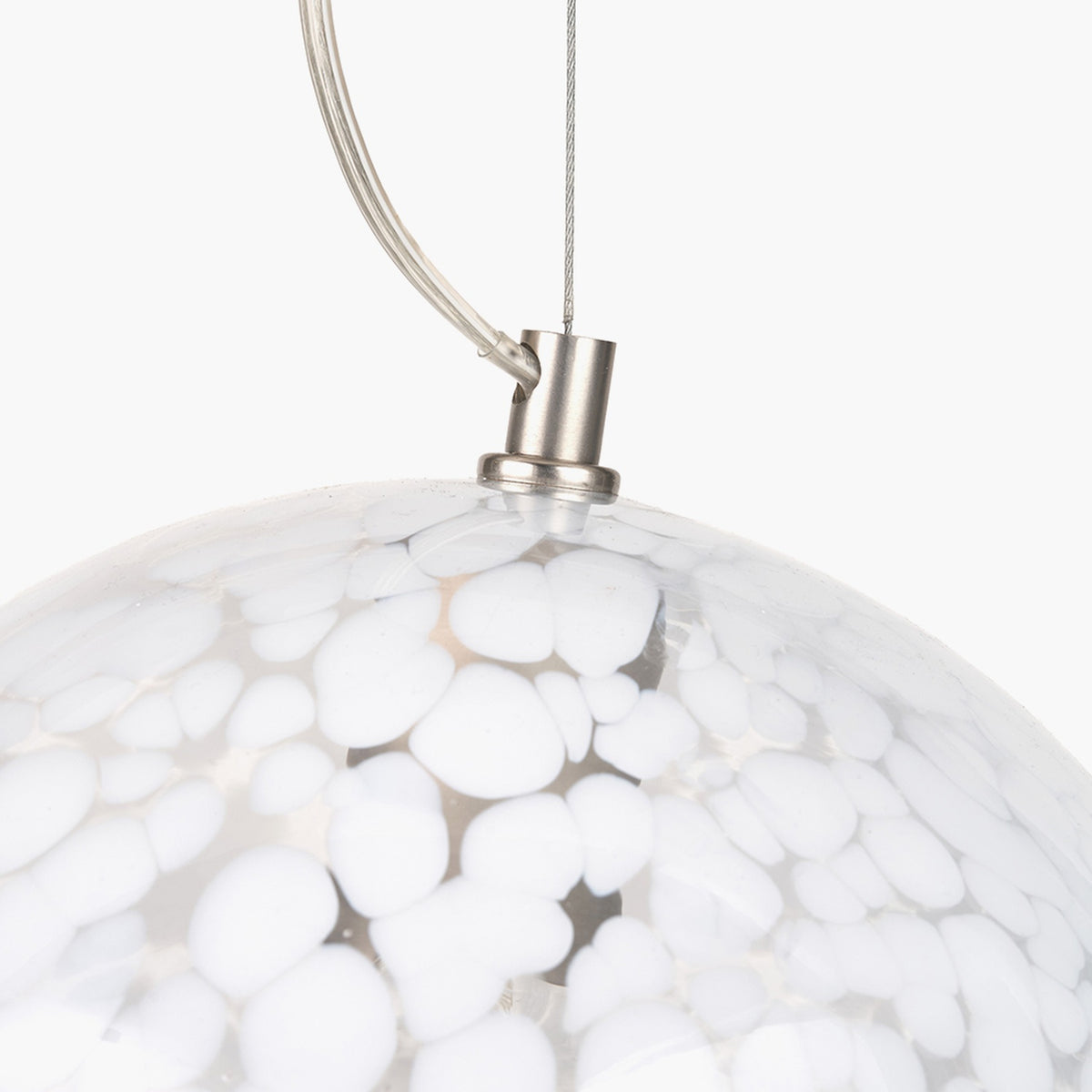 Aurora Speckled White Glass Pendant Light, 25cm globe shade with mottled white pattern and brushed metal ceiling mount, shown in close-up against a plain white background.