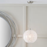 Aurora Speckled White Glass Pendant Light, 25cm globe shade on a brushed metal ceiling fitting, hung in a room beside a round mirror with a chrome frame.