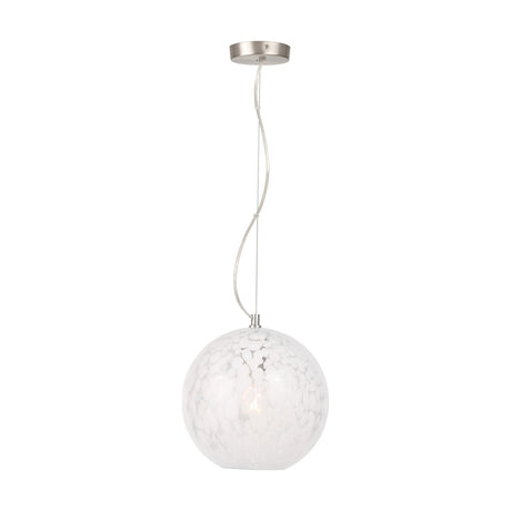Aurora Speckled White Glass Pendant Light, 25cm globe shade on a brushed metal ceiling rose with visible cord, shown against a plain white background.