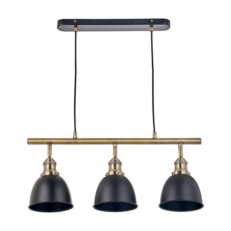 Augusto Black & Gold Task Bar Pendant Light, 66cm, with three matte black dome shades on antique brass fittings, suspended from a black bar ceiling mount, shown on a white background.