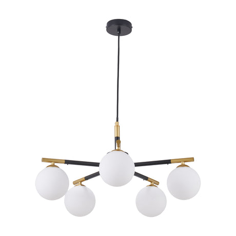 Wanda White Orb & Black Metal 5 Light Pendant, 55cm, featuring five glass globe shades on black and brass sputnik-style arms, shown on a plain white background.