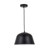 Amalie Black Metal Retro Pendant Light - 30cm, a dome-shaped steel ceiling pendant with white interior and black cable drop, shown on a plain white background.