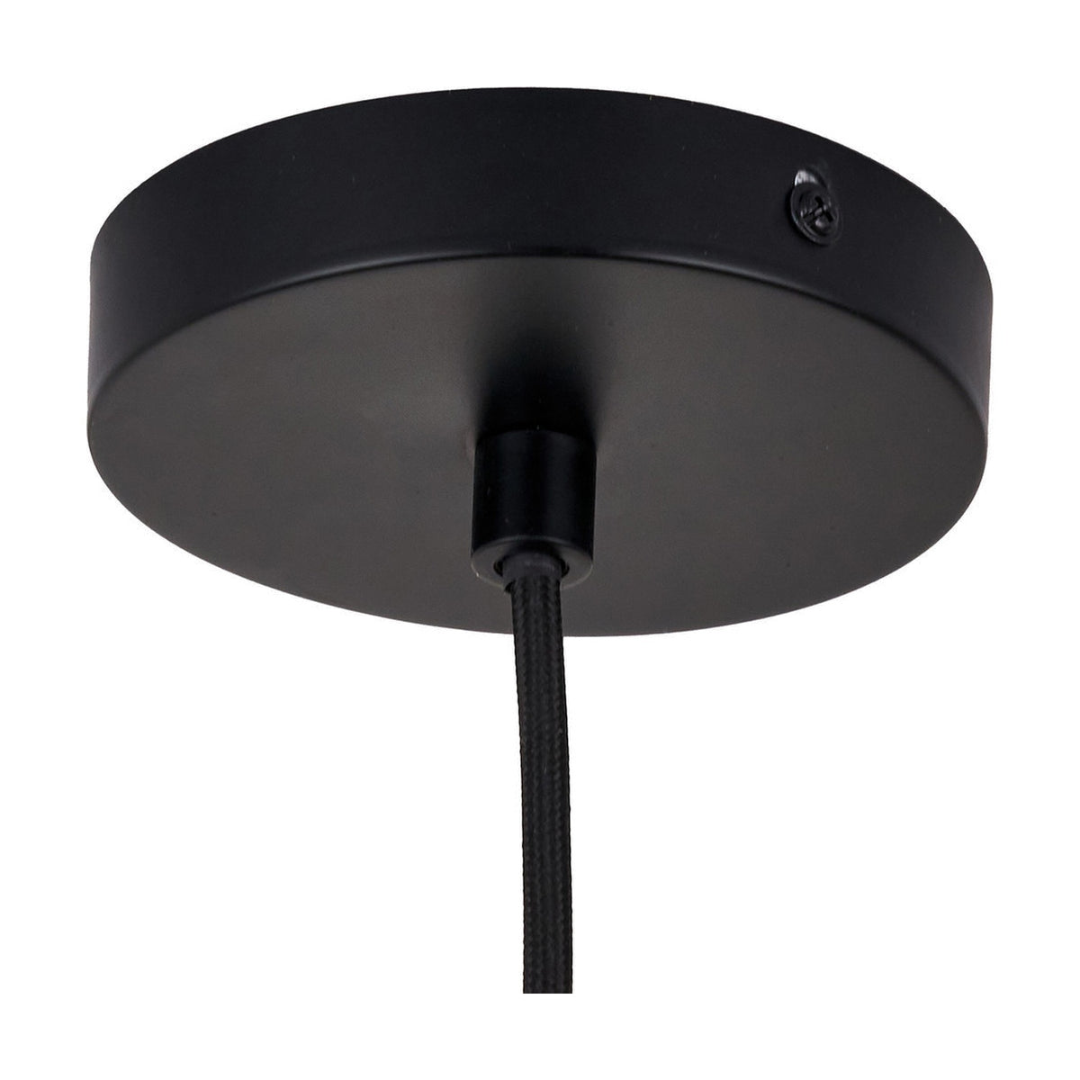 Amalie Black Metal Retro Pendant Light, 30cm, shown from below with round black ceiling rose, fabric-covered cable and cylindrical cord grip, on a plain white background.