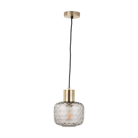 Camille Smoke Grey Circle Design Handcut Glass Pendant Light, 20cm, with a textured smoke grey glass shade on a brass fitting and black cable, shown on a plain white background.