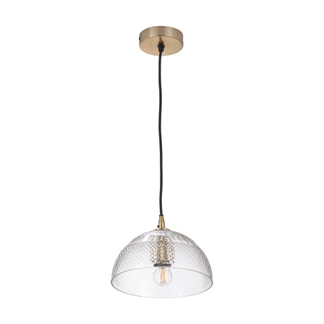 Giselle Diamond Design clear handcut glass dome pendant light, 23cm, with textured glass shade and brass ceiling rose on a black cord, shown on a plain white background.