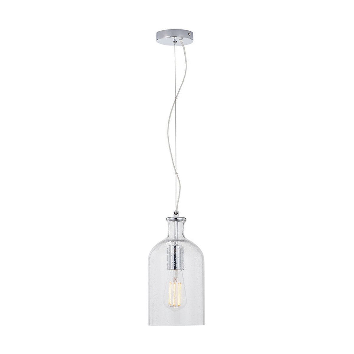 Bellamy Clear Glass Bubble Pendant Light, 15cm, with chrome ceiling rose and visible bulb, shown on a plain white background.