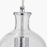 Close-up of the Bellamy Clear Glass Bubble Pendant Light, 15cm, showing textured bubble glass and chrome ceiling fitting against a white background.