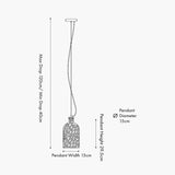 Technical line drawing of the Bellamy Clear Glass Bubble Pendant Light, 15cm diameter, showing textured bottle-shaped glass shade, cord, and ceiling canopy with drop and width measurements.