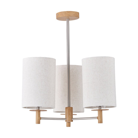 Bonham 3-light pendant, 39cm, with cylindrical linen shades, wood veneer canopy and arms, and a brushed silver metal rod and frame, shown on a plain white background.