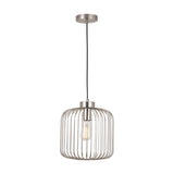 Dania Silver Metal Wire Pendant Light, 30cm, with a cylindrical wire cage shade, exposed bulb, and matching ceiling rose on a black cord, shown against a plain white background.