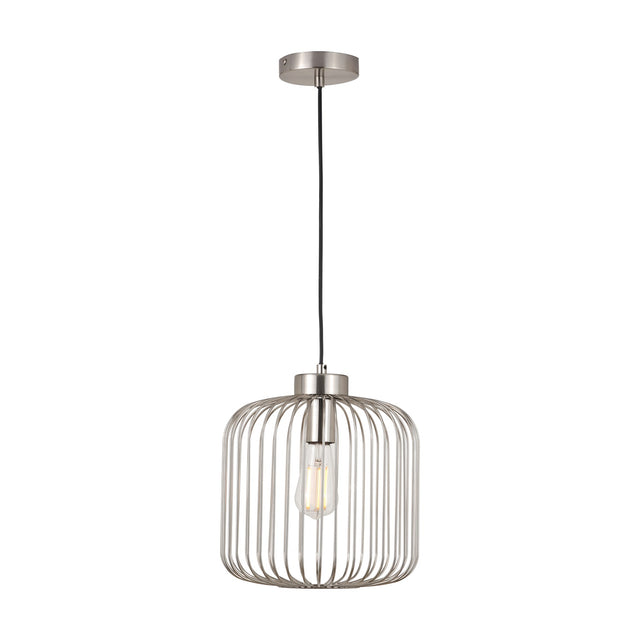 Dania Silver Metal Wire Pendant Light, 30cm, with a cylindrical wire cage shade, exposed bulb, and matching ceiling rose on a black cord, shown against a plain white background.