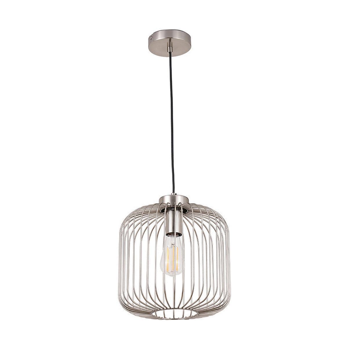 Dania Silver Metal Wire Pendant Light, 30cm, cylindrical wire cage shade with exposed bulb, black cord, ceiling rose, on a plain white background.