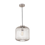 Dania Silver Metal Wire Pendant Light, 30cm, with a cylindrical vertical wire cage shade in a silver steel finish and visible bulb, hung on a black cord against a plain white background.