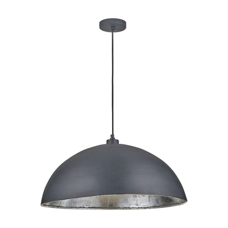 Anders Matt Black & Silver Leaf Iron Dome Pendant Light, 62cm, with a wide dome shade in matt black exterior and silver leaf interior, on a black cord, shown against a plain white background.
