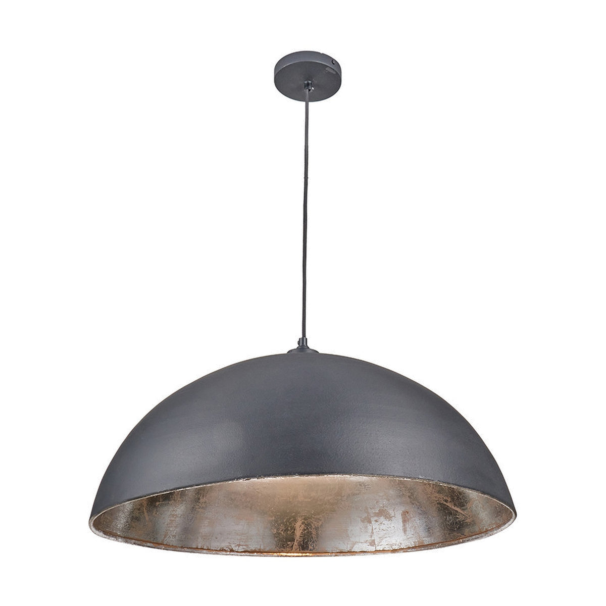 Anders 62cm dome pendant light with matt black exterior and silver leaf interior, suspended on a black cord from a round ceiling rose, shown against a plain white background.