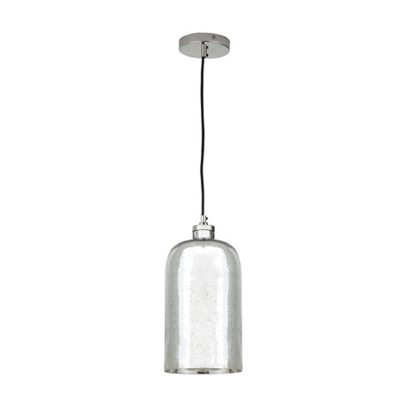 Ophelia Mercurial Glass Pendant Light in 18cm cylindrical seeded glass shade with chrome ceiling rose and black cord, shown on a plain white background.
