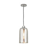 Ophelia Mercurial Glass Pendant Light, 18cm, with a cylindrical seeded mercury glass shade, chrome fitting and ceiling rose on a black cable, shown on a plain white background.