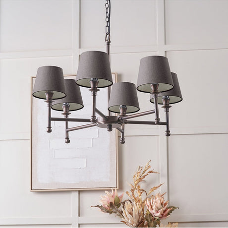 Piero Antique Bronze 6 Arm Pendant with Grey Handloom Tapered Light
