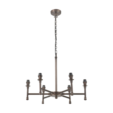 Piero Antique Bronze 6 Arm Pendant Light, 62cm, with candelabra-style sockets radiating from a central column on a long suspension chain, shown on a plain white background.
