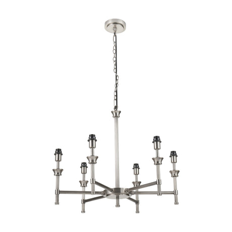 Salvatore 6-arm pendant light in antique silver brass, 62cm wide, with a central chain suspension and radiating arms holding six candle-style bulb holders, shown on a plain white background.