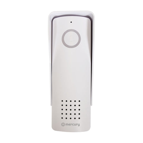 Mercury 2WDP002 wireless door phone outdoor unit in white with circular bell push button and speaker grille, shown on a plain white background.