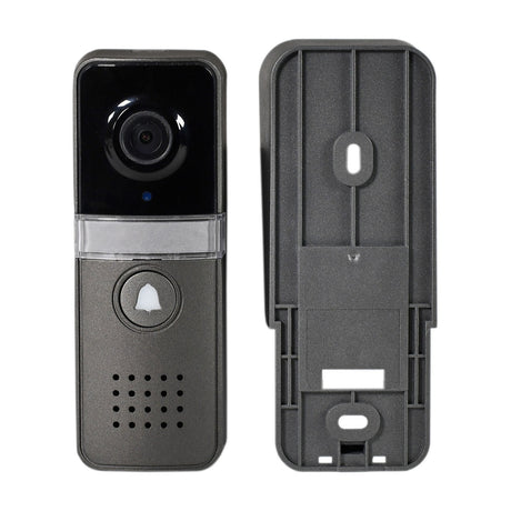 Mercury VDP002 outdoor video door station in dark grey with 1080p camera, call button and speaker, shown beside its mounting bracket.