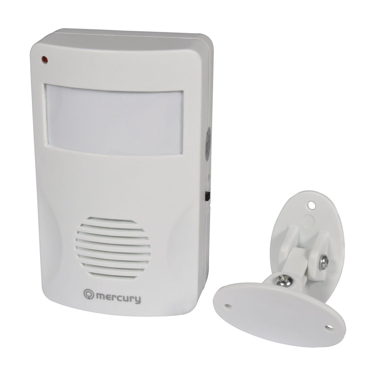 Mercury motion sensing visitor chime in white ABS housing with PIR sensor, speaker grille and adjustable wall bracket, shown on a plain white background.