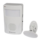 Mercury motion sensing visitor chime in white ABS housing with PIR sensor, speaker grille and adjustable wall bracket, shown on a plain white background.