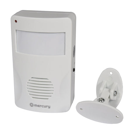 Mercury motion sensing visitor chime in white ABS housing with PIR sensor, speaker grille and adjustable wall bracket, shown on a plain white background.