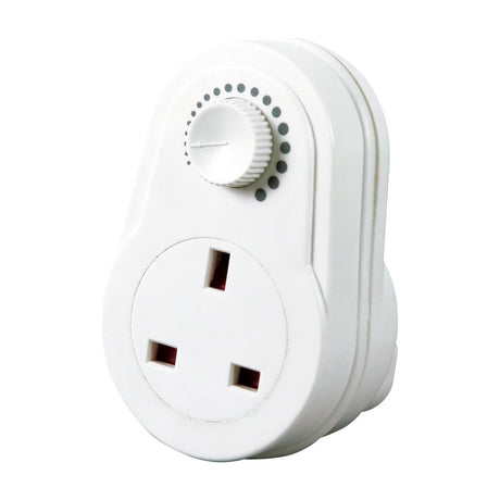 Mercury DMR-1WHT plug-in dimmer switch in white with a rotary control dial above a UK three-pin socket, shown on a plain background.