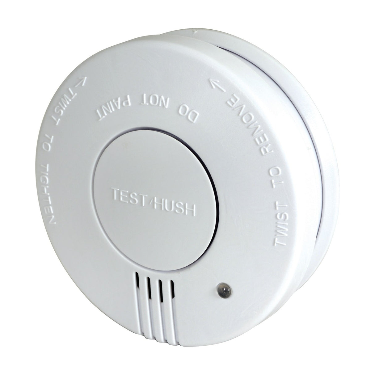 Mercury photoelectric smoke detector by AVSL in white, round ABS housing with central test/hush button, LED indicator and side alarm vents.