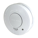 Mercury photoelectric smoke detector by AVSL in white, round ABS housing with central test/hush button, LED indicator and side alarm vents.