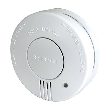 Mercury photoelectric smoke detector by AVSL in white, round ABS housing with central test/hush button, LED indicator and side alarm vents.