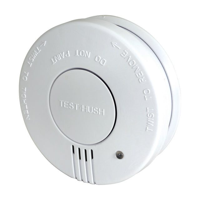 Mercury photoelectric smoke detector by AVSL in white, round ABS housing with central test/hush button, LED indicator and side alarm vents.