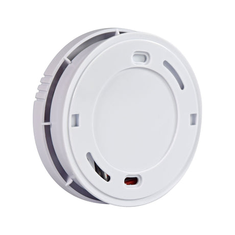 Rear view of the AVSL Mercury white photoelectric smoke detector showing the circular ABS housing, mounting holes and battery compartment on a white background.