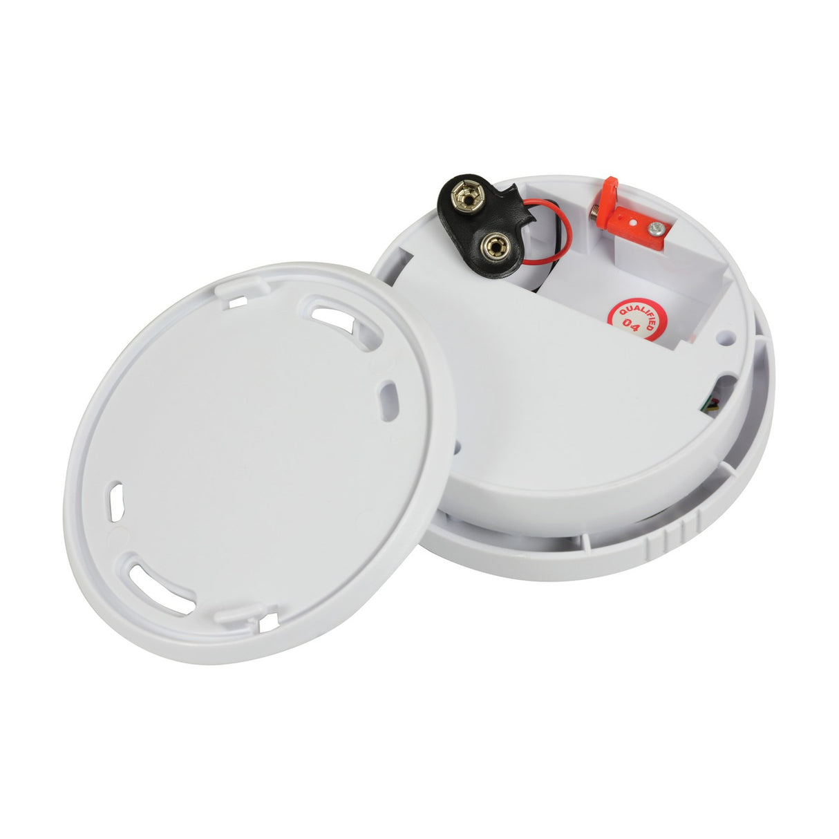 Mercury photoelectric smoke detector by AVSL shown open with white ABS housing, 9V PP3 battery clip, red LED indicator and separate mounting plate.