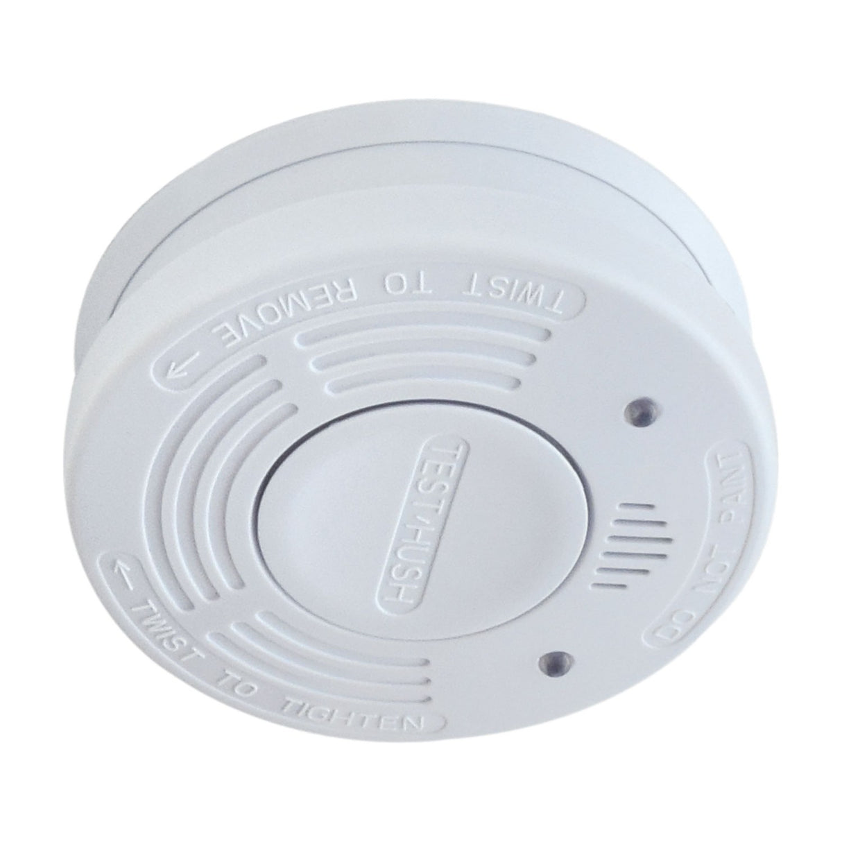 Mercury photoelectric smoke detector by AVSL, round white ABS ceiling unit with central test/hush button and twist-lock base, shown on a plain background.