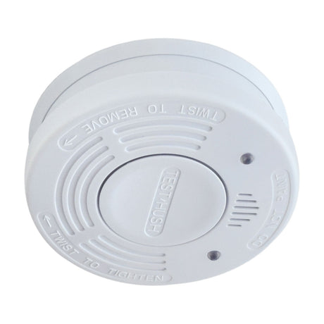 Mercury photoelectric smoke detector by AVSL, round white ABS ceiling unit with central test/hush button and twist-lock base, shown on a plain background.
