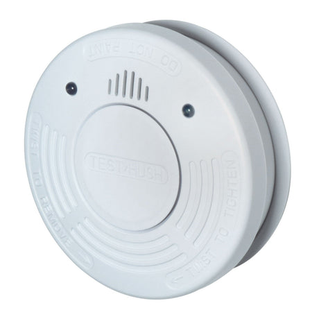 The Mercury Photoelectric Smoke Detector with a 10-Year Sealed Battery is a white smoke alarm equipped with Test/Hush and Do Not Paint labels. It is designed for ceiling or wall mounting and includes a circular test button and speaker vents to enhance safety and convenience.