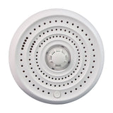 AVSL Mercury heat alarm with circular white housing, concentric vented rings, central thermistor sensor and power button, on a plain white background.