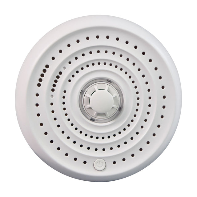 AVSL Mercury heat alarm with circular white housing, concentric vented rings, central thermistor sensor and power button, on a plain white background.
