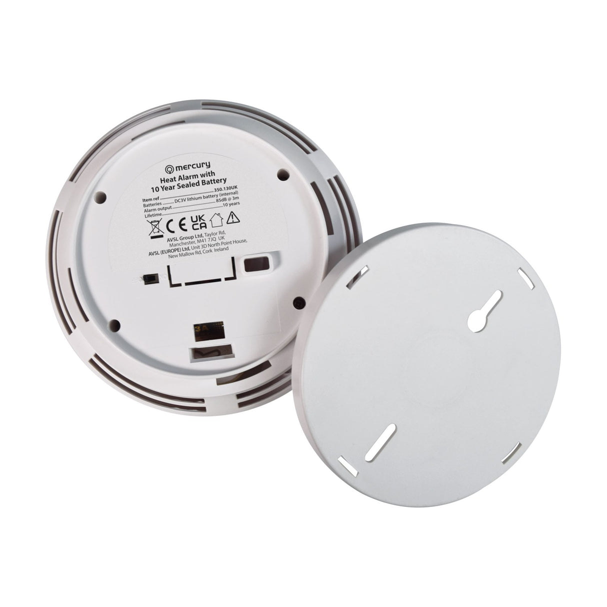 Mercury heat alarm with 10 year sealed battery shown from the rear with product label visible and circular mounting plate beside it on a white background.