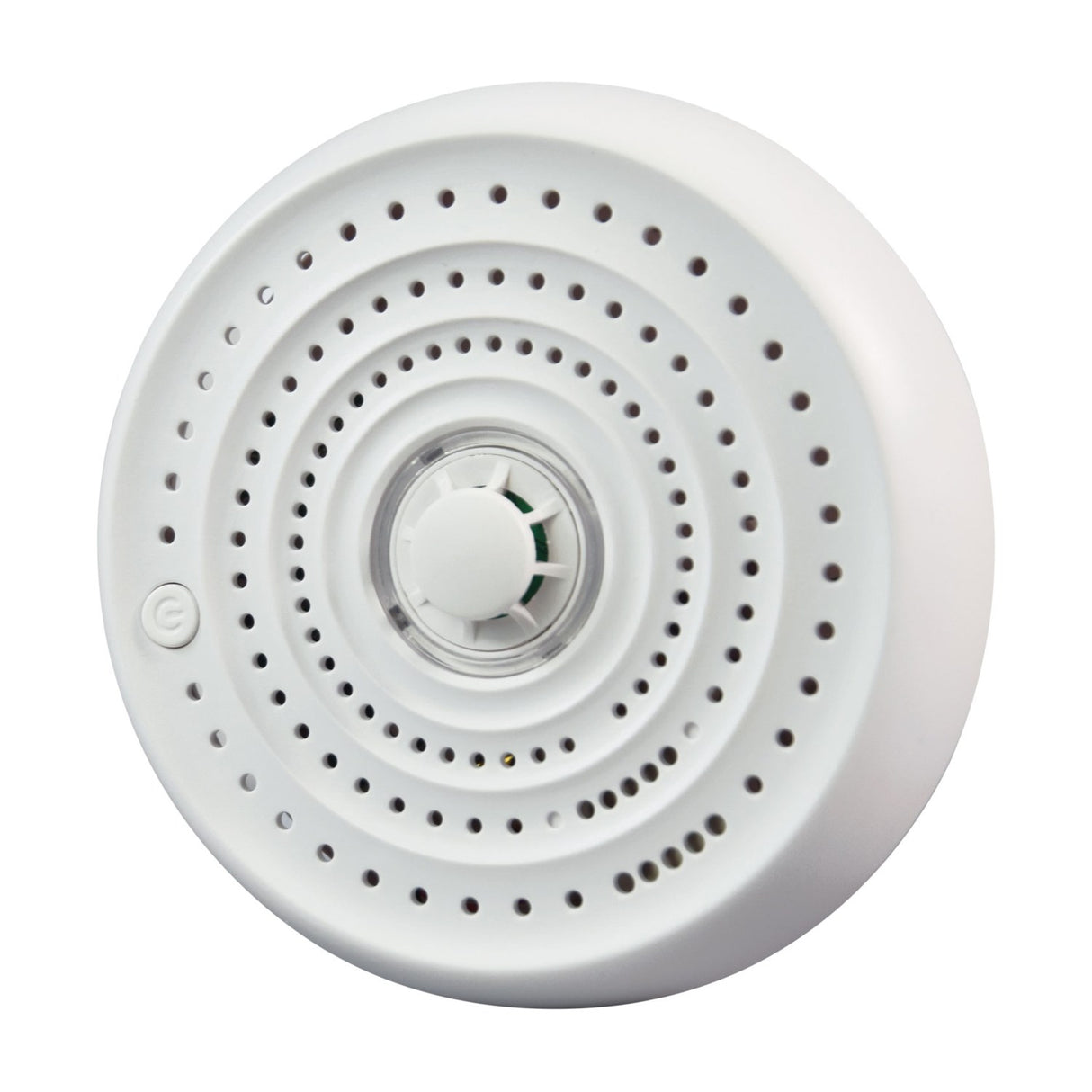 AVSL Mercury heat alarm with round white housing, concentric ventilation holes, central thermistor sensor and side mute button, on a plain white background.
