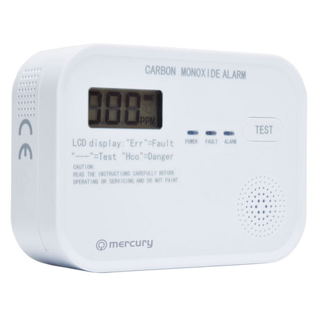 The Mercury Carbon Monoxide Alarm is a battery-powered device with a white exterior, featuring an LCD display that reads 000 PPM. It is equipped with buttons labeled Test and Power, as well as a speaker, with the brand name Mercury prominently displayed at the bottom.