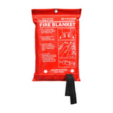 Mercury 1m x 1m fire blanket in a red quick-release wall pouch with printed deployment instructions and black pull tapes, shown on a plain white background.